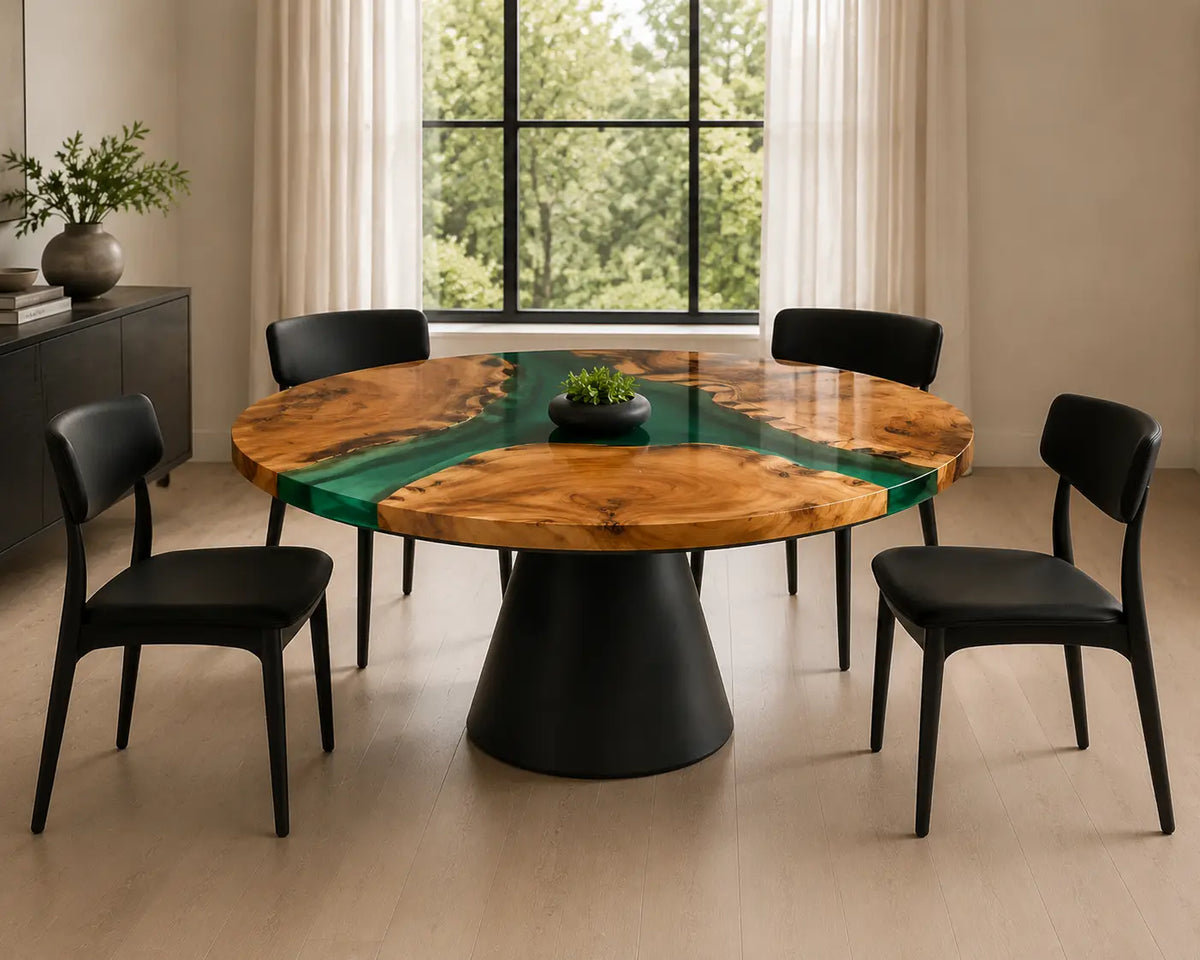 ERTC31 Forest Confluence Forest Green Epoxy Walnut Round Table featuring handcrafted walnut wood and forest green resin-3