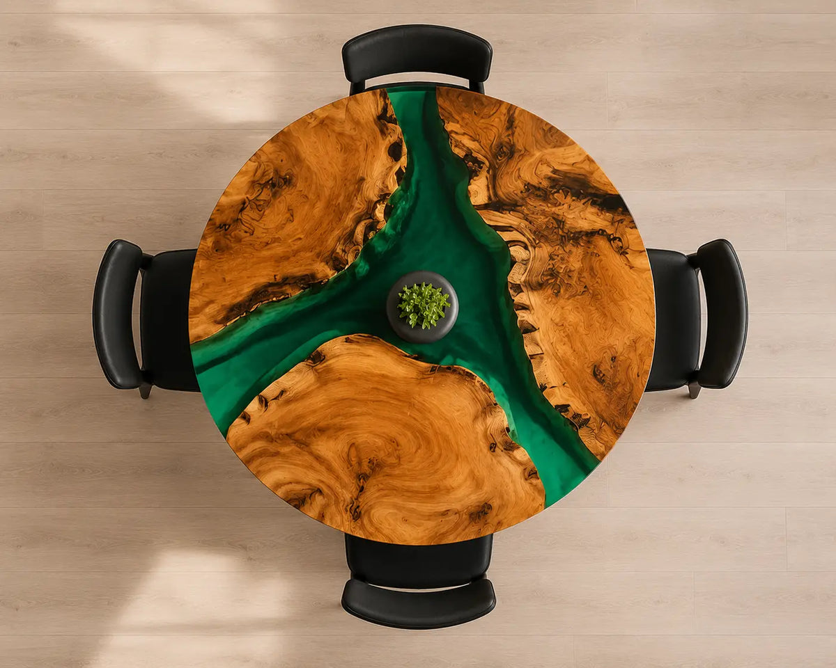 ERTC31 Forest Confluence Forest Green Epoxy Walnut Round Table featuring handcrafted walnut wood and forest green resin-4