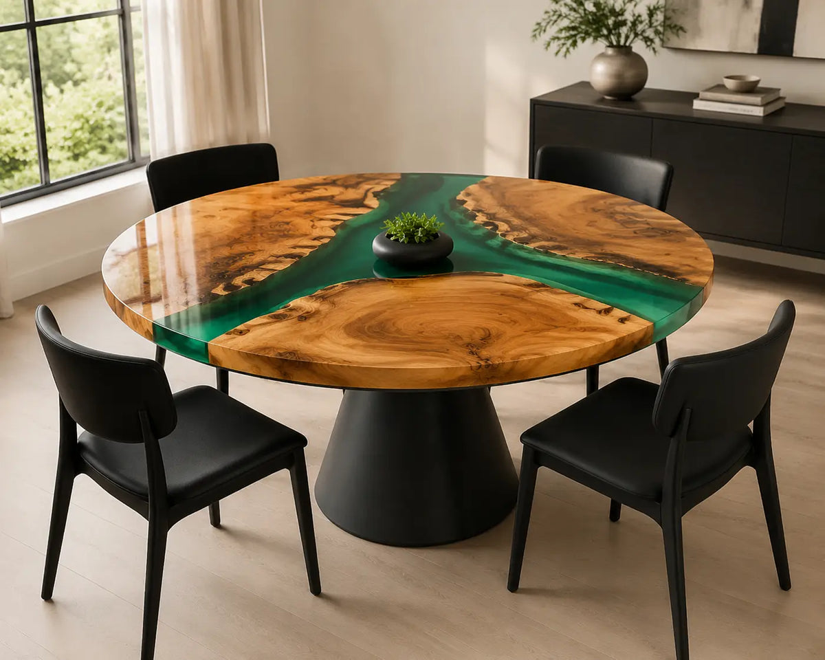ERTC31 Forest Confluence Forest Green Epoxy Walnut Round Table featuring handcrafted walnut wood and forest green resin-5