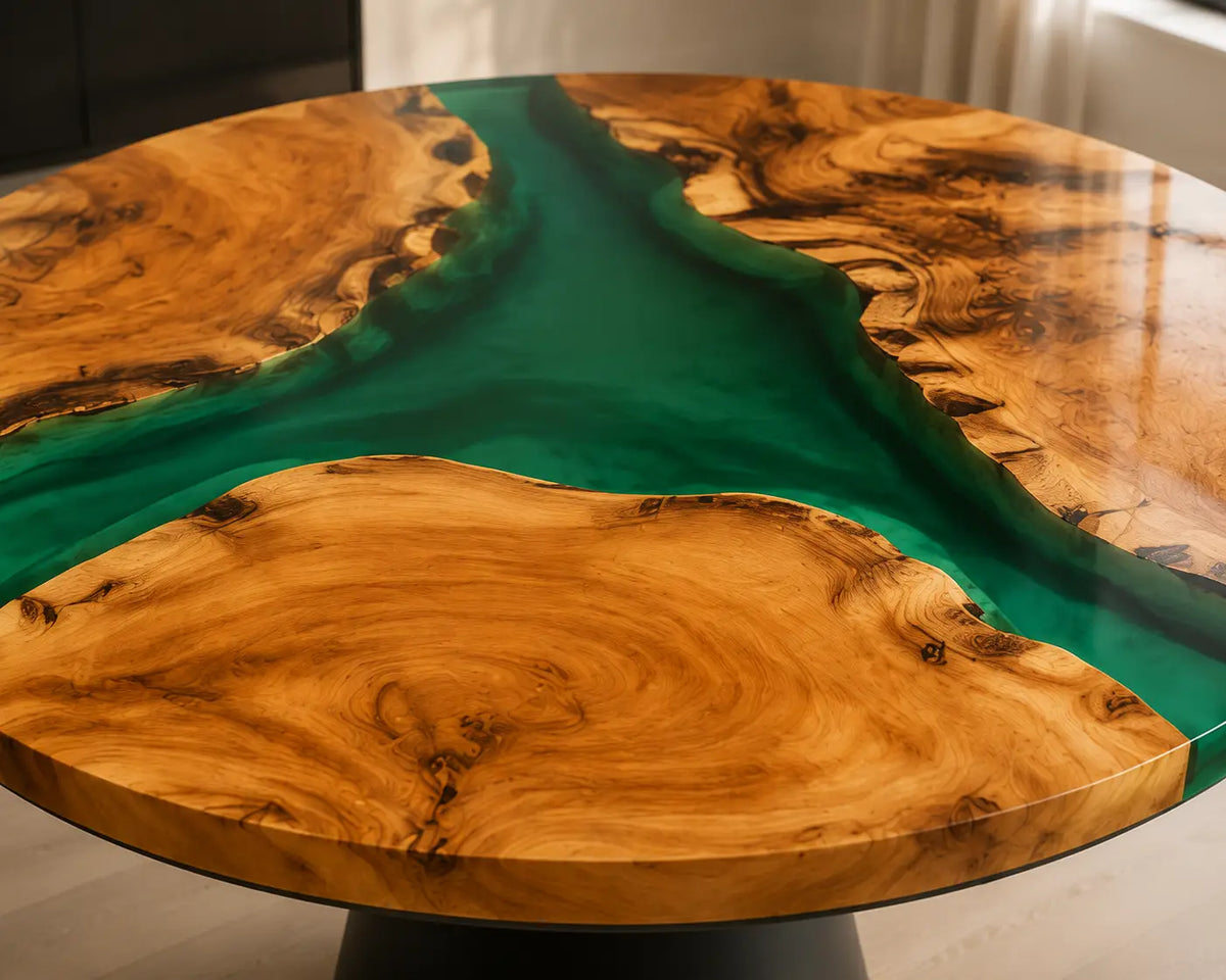 ERTC31 Forest Confluence Forest Green Epoxy Walnut Round Table featuring handcrafted walnut wood and forest green resin-6