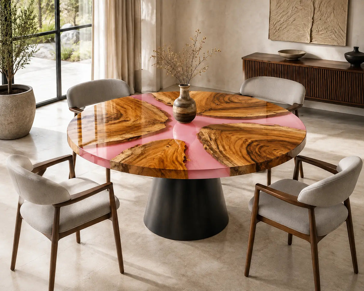 ERTC32 Rose Compass Pink Pearl Epoxy Walnut Round Table featuring handcrafted walnut wood and pink pearl resin-1