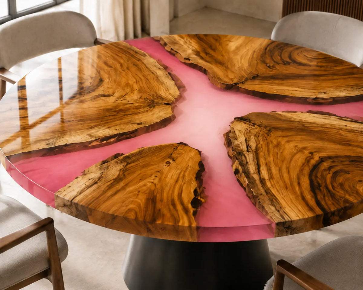 ERTC32 Rose Compass Pink Pearl Epoxy Walnut Round Table featuring handcrafted walnut wood and pink pearl resin-2