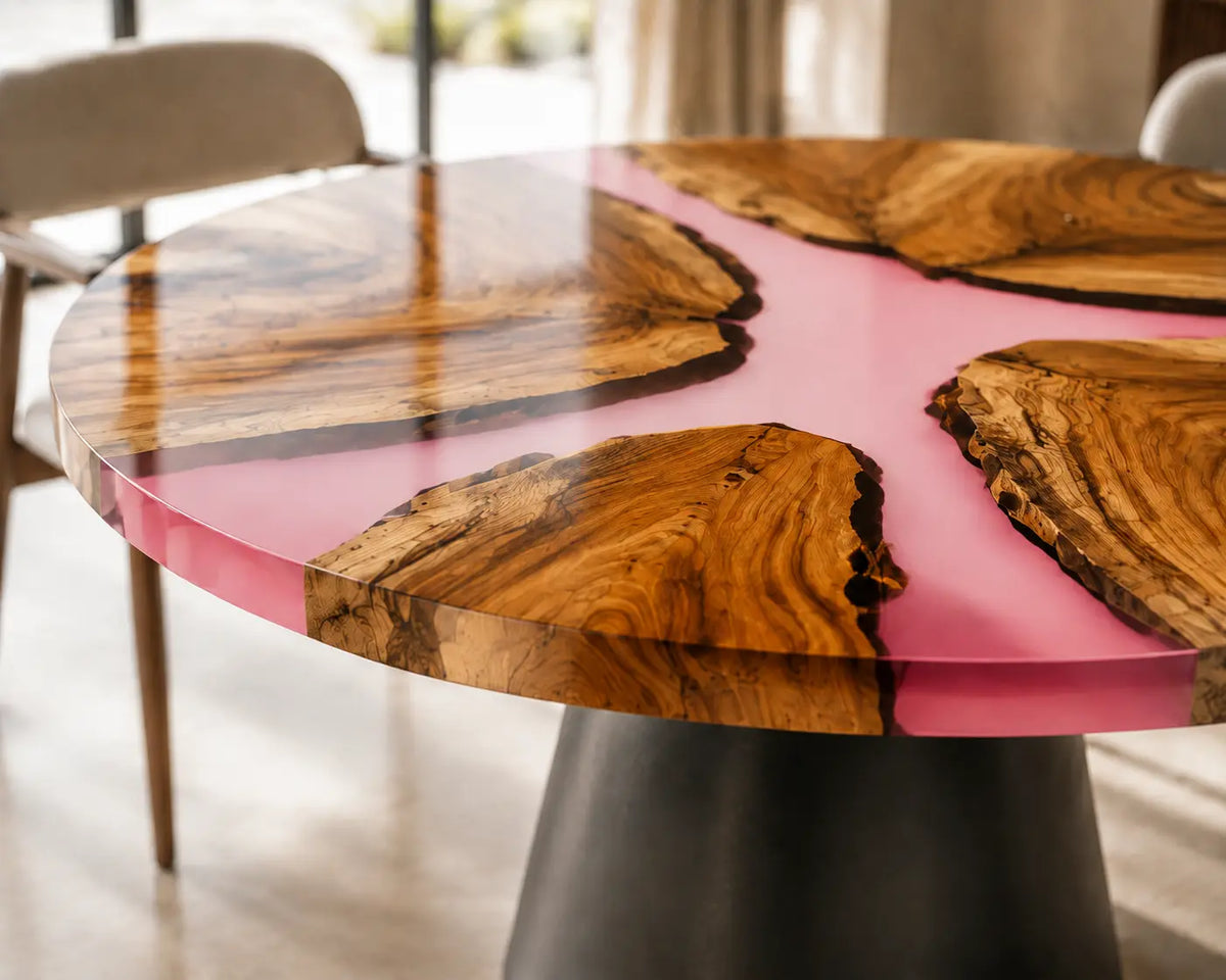 ERTC32 Rose Compass Pink Pearl Epoxy Walnut Round Table featuring handcrafted walnut wood and pink pearl resin-3