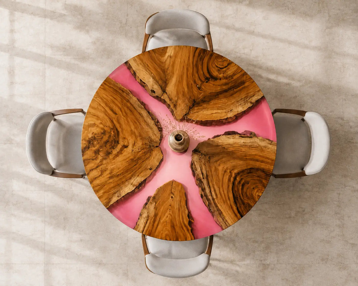 ERTC32 Rose Compass Pink Pearl Epoxy Walnut Round Table featuring handcrafted walnut wood and pink pearl resin-4