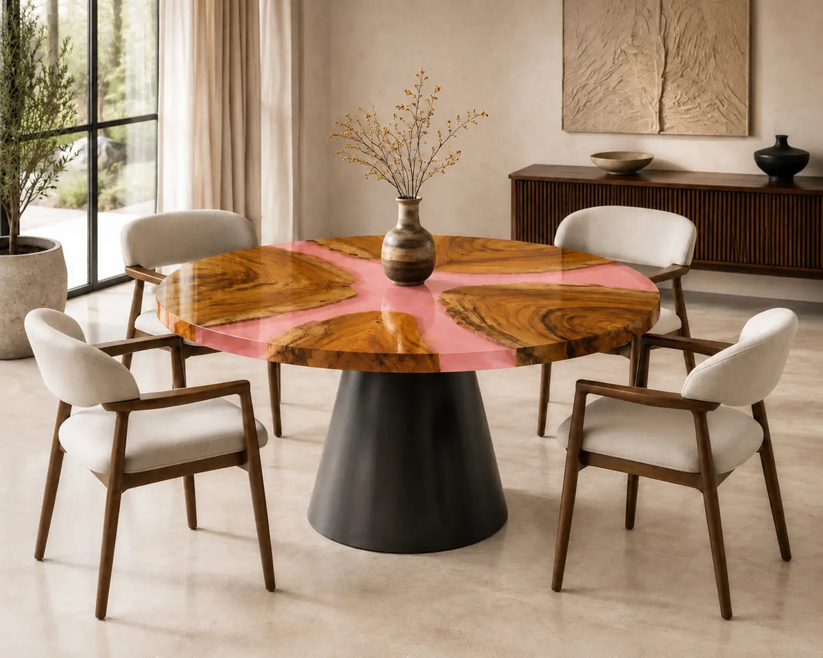 ERTC32 Rose Compass Pink Pearl Epoxy Walnut Round Table featuring handcrafted walnut wood and pink pearl resin-5