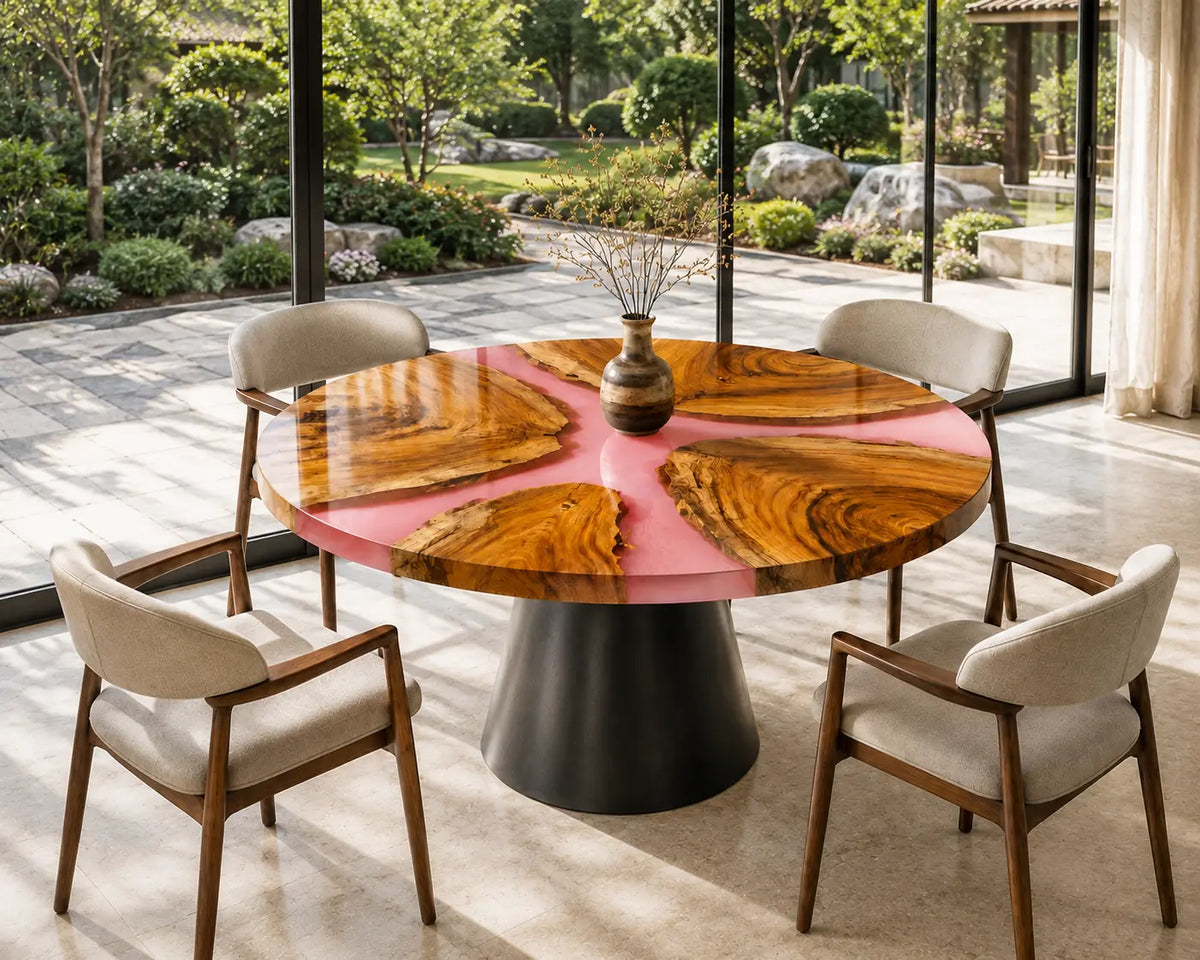 ERTC32 Rose Compass Pink Pearl Epoxy Walnut Round Table featuring handcrafted walnut wood and pink pearl resin-6
