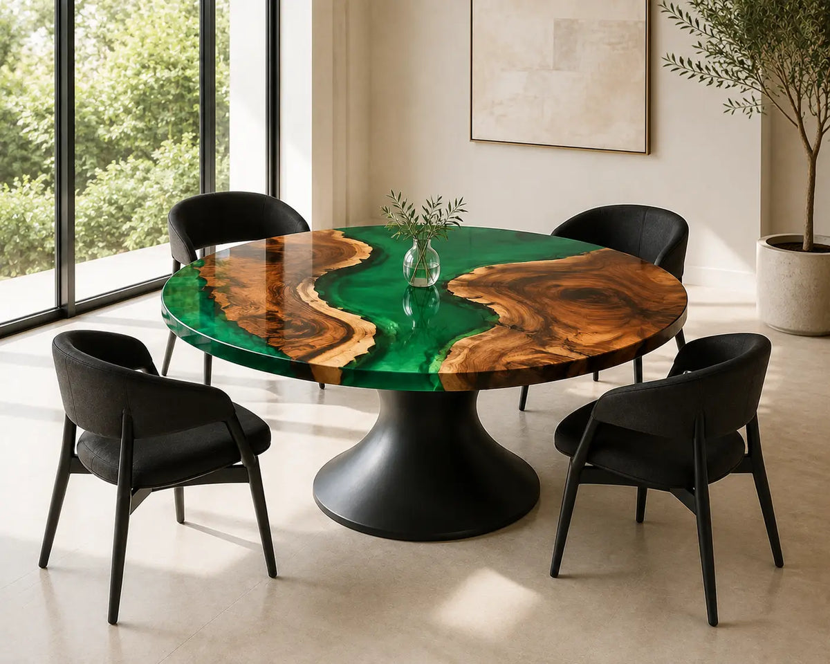 ERTC33 Emerald Valley Emerald Green Epoxy Walnut Round Table featuring handcrafted walnut wood and emerald green resin-1