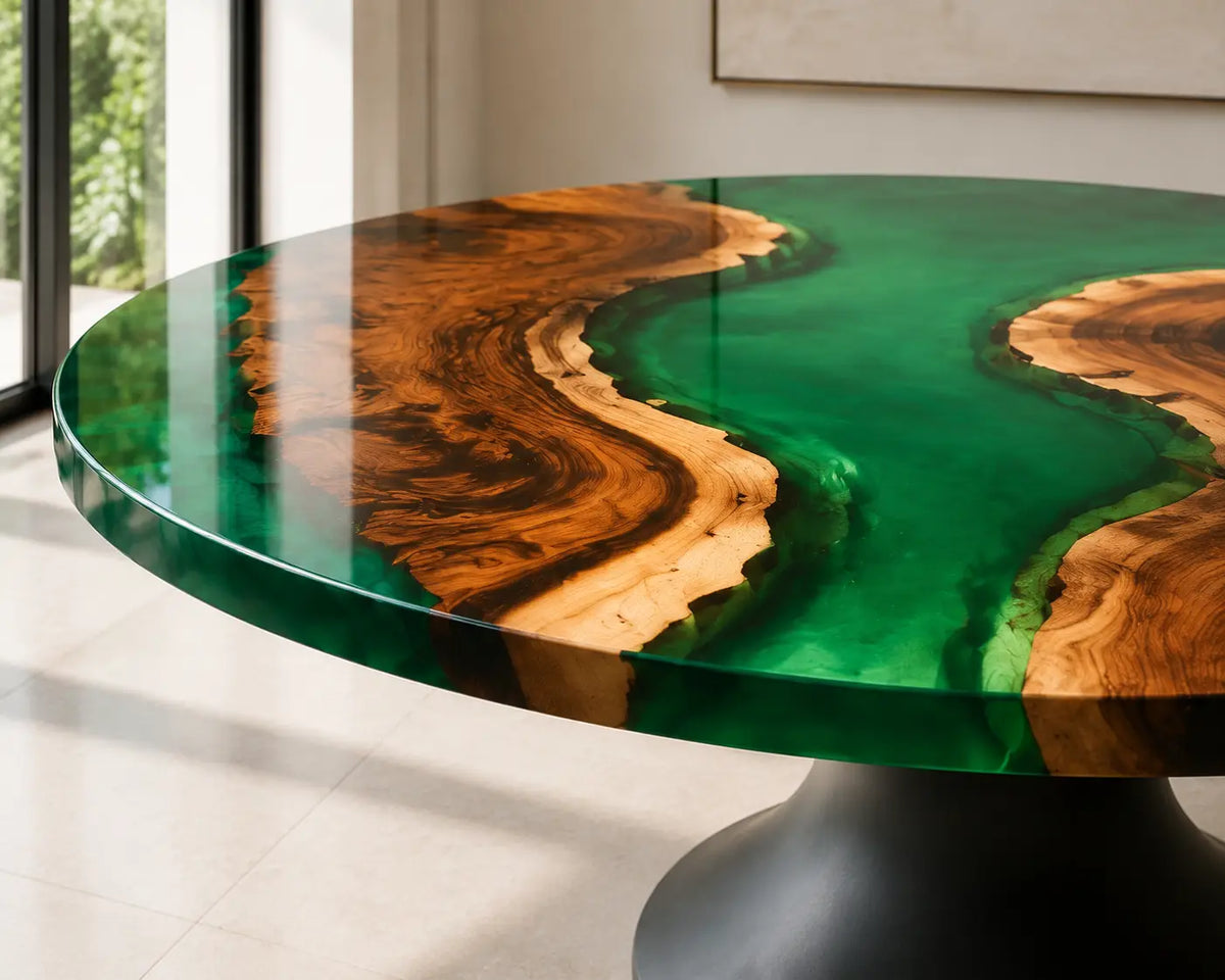 ERTC33 Emerald Valley Emerald Green Epoxy Walnut Round Table featuring handcrafted walnut wood and emerald green resin-2