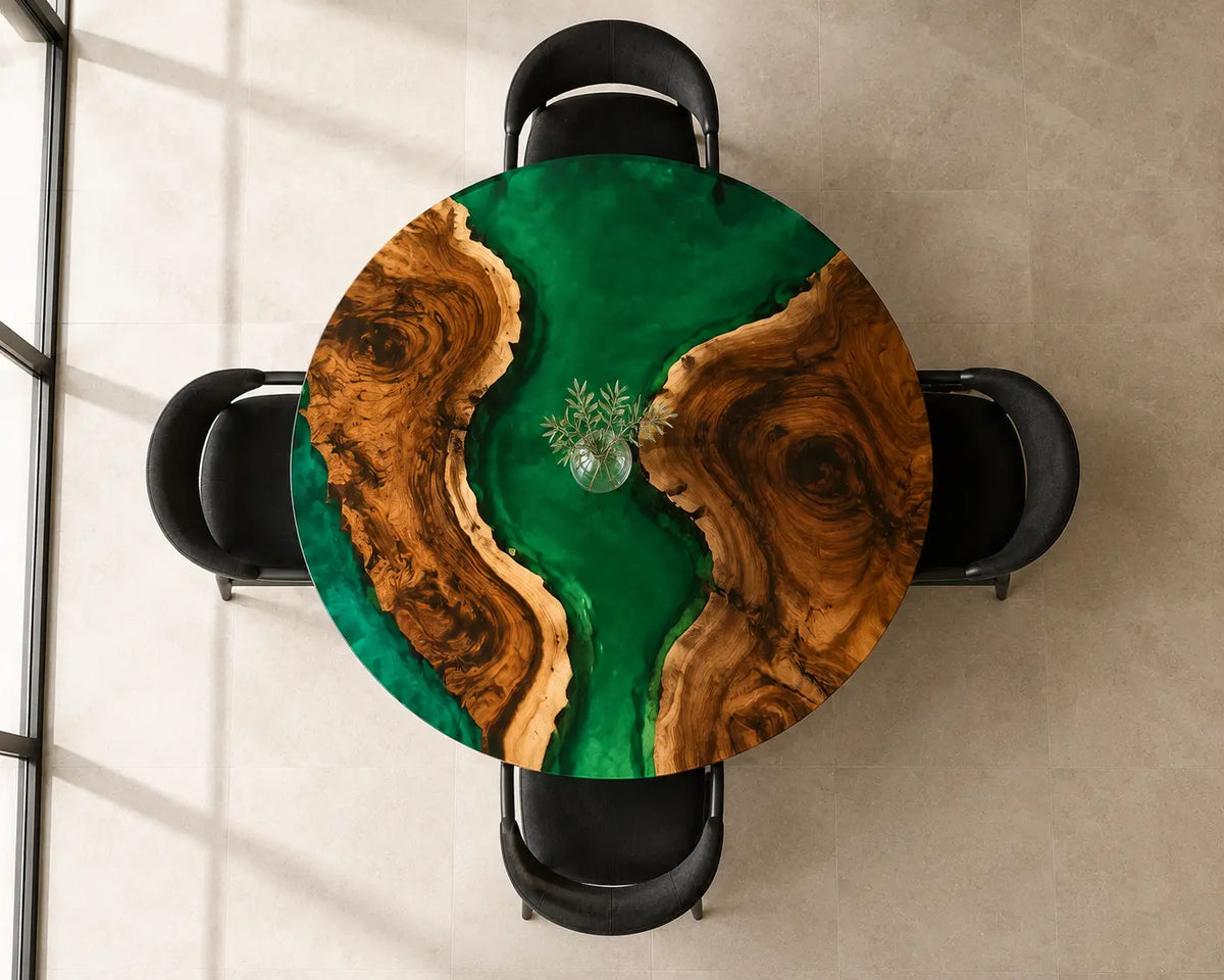 ERTC33 Emerald Valley Emerald Green Epoxy Walnut Round Table featuring handcrafted walnut wood and emerald green resin-4