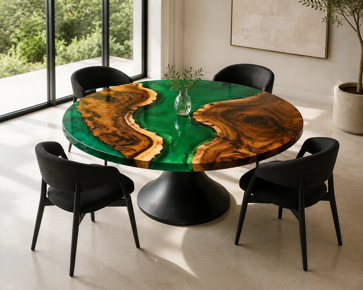 ERTC33 Emerald Valley Emerald Green Epoxy Walnut Round Table featuring handcrafted walnut wood and emerald green resin-5