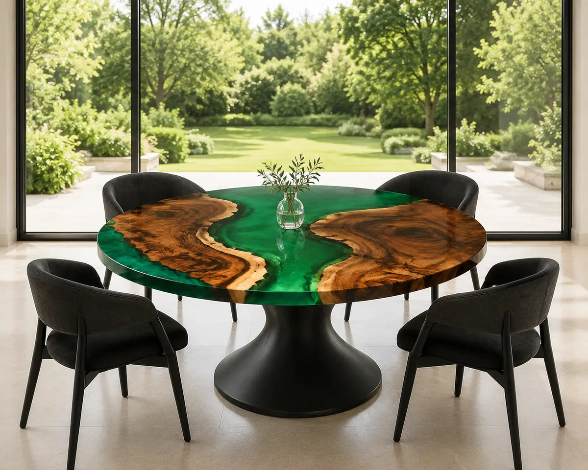 ERTC33 Emerald Valley Emerald Green Epoxy Walnut Round Table featuring handcrafted walnut wood and emerald green resin-6