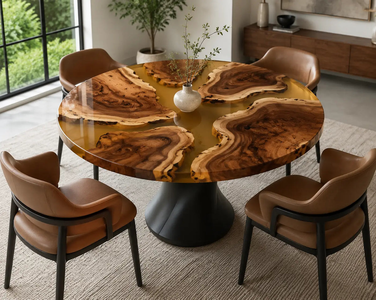 ERTC34 Golden Delta Champagne Gold Epoxy Walnut Round Table featuring handcrafted walnut wood and champagne gold resin-1