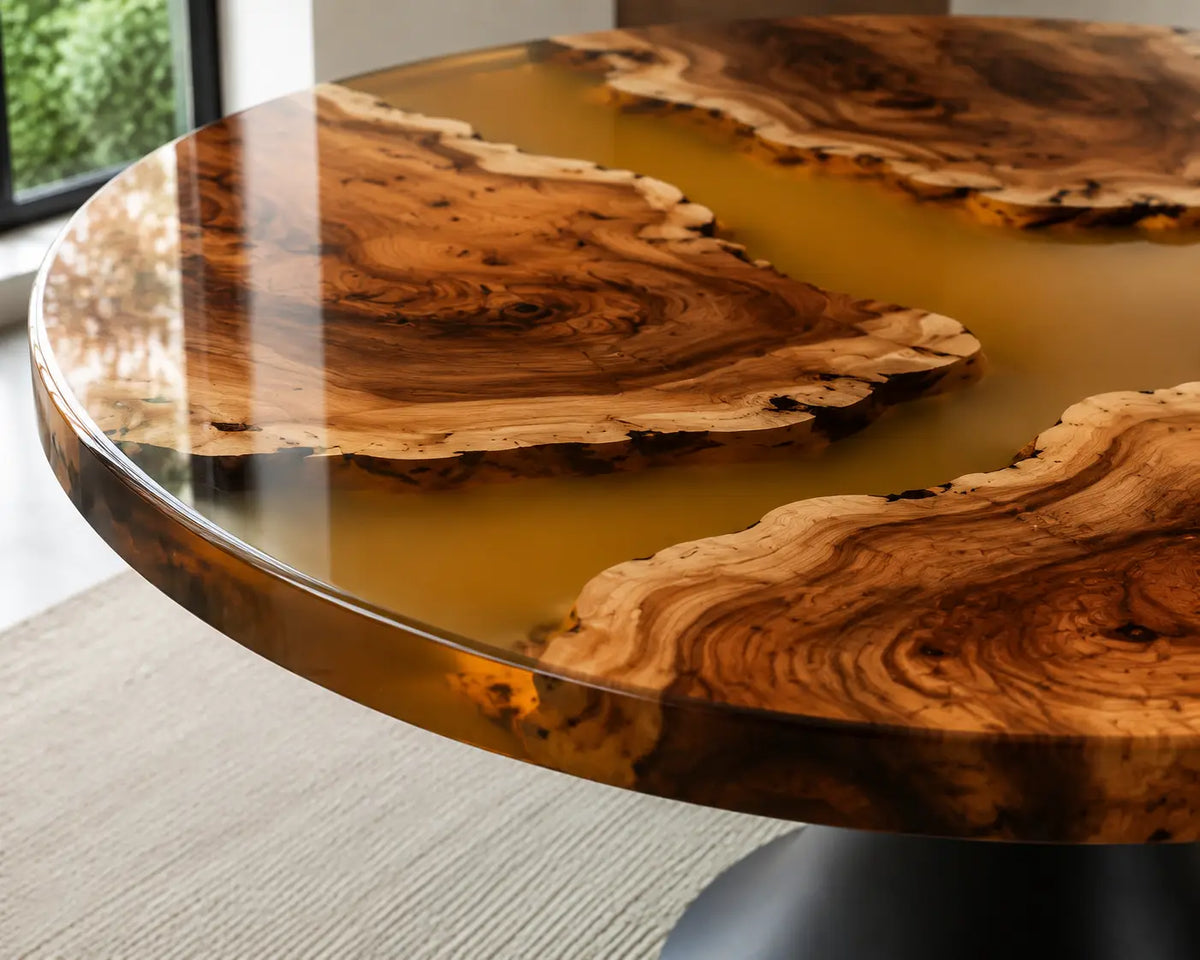 ERTC34 Golden Delta Champagne Gold Epoxy Walnut Round Table featuring handcrafted walnut wood and champagne gold resin-3