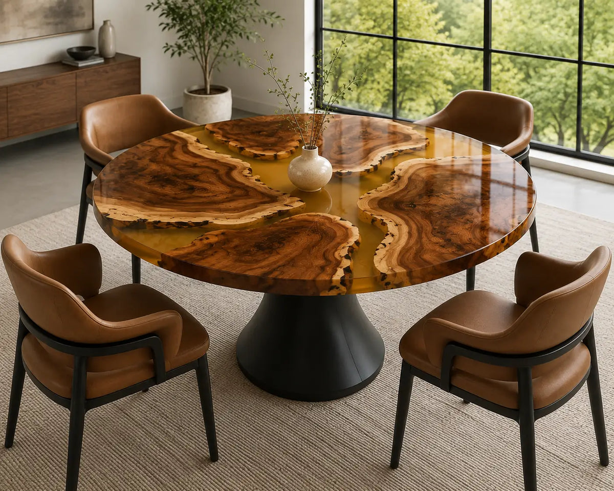 ERTC34 Golden Delta Champagne Gold Epoxy Walnut Round Table featuring handcrafted walnut wood and champagne gold resin-5