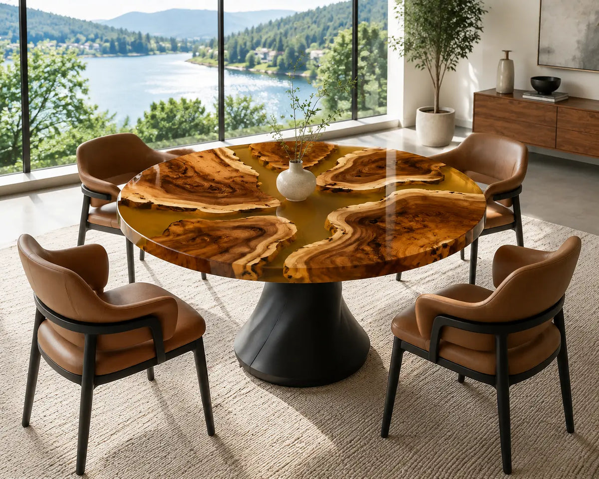 ERTC34 Golden Delta Champagne Gold Epoxy Walnut Round Table featuring handcrafted walnut wood and champagne gold resin-6
