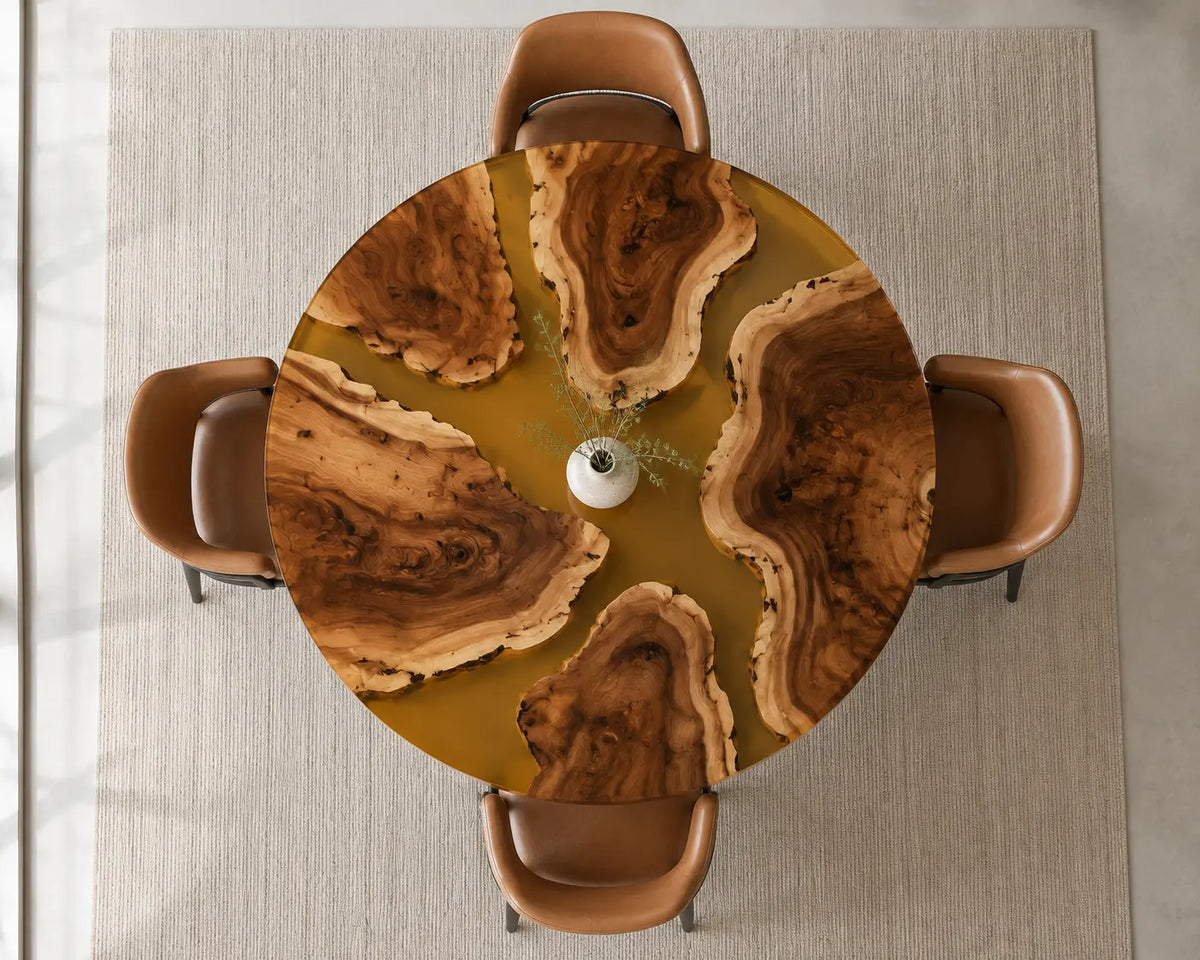 ERTC34 Golden Delta Champagne Gold Epoxy Walnut Round Table featuring handcrafted walnut wood and champagne gold resin-4