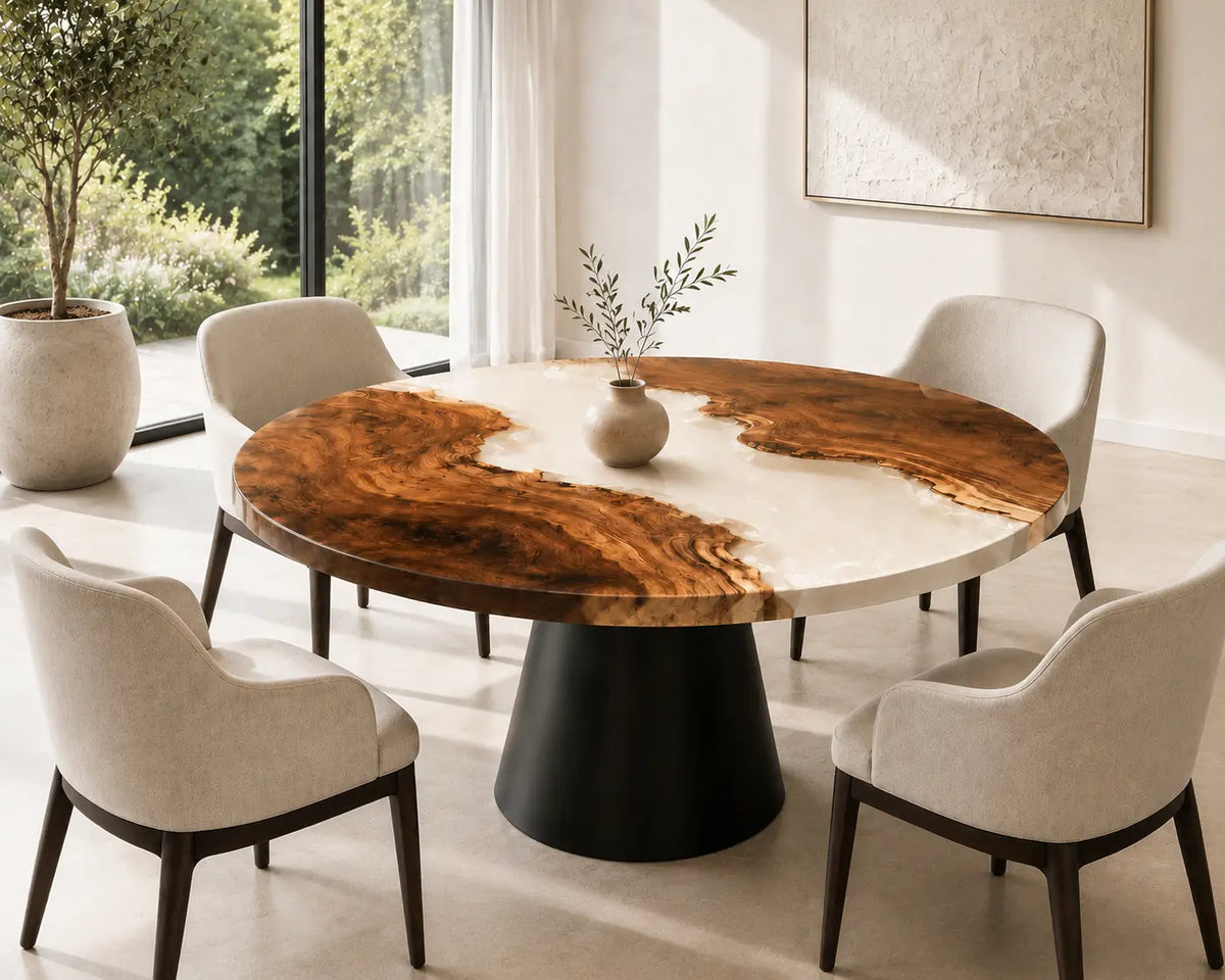 ERTC35 Ivory Shore Pearl White Epoxy Walnut Round Table featuring handcrafted walnut wood and pearl white resin-1