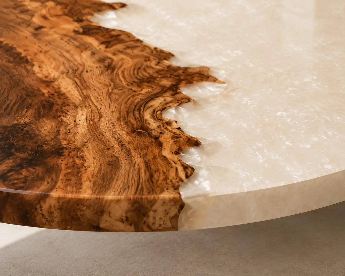 ERTC35 Ivory Shore Pearl White Epoxy Walnut Round Table featuring handcrafted walnut wood and pearl white resin-3