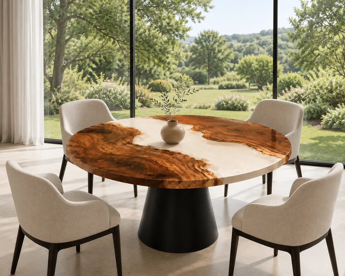 ERTC35 Ivory Shore Pearl White Epoxy Walnut Round Table featuring handcrafted walnut wood and pearl white resin-6