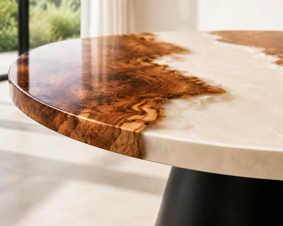 ERTC35 Ivory Shore Pearl White Epoxy Walnut Round Table featuring handcrafted walnut wood and pearl white resin-2