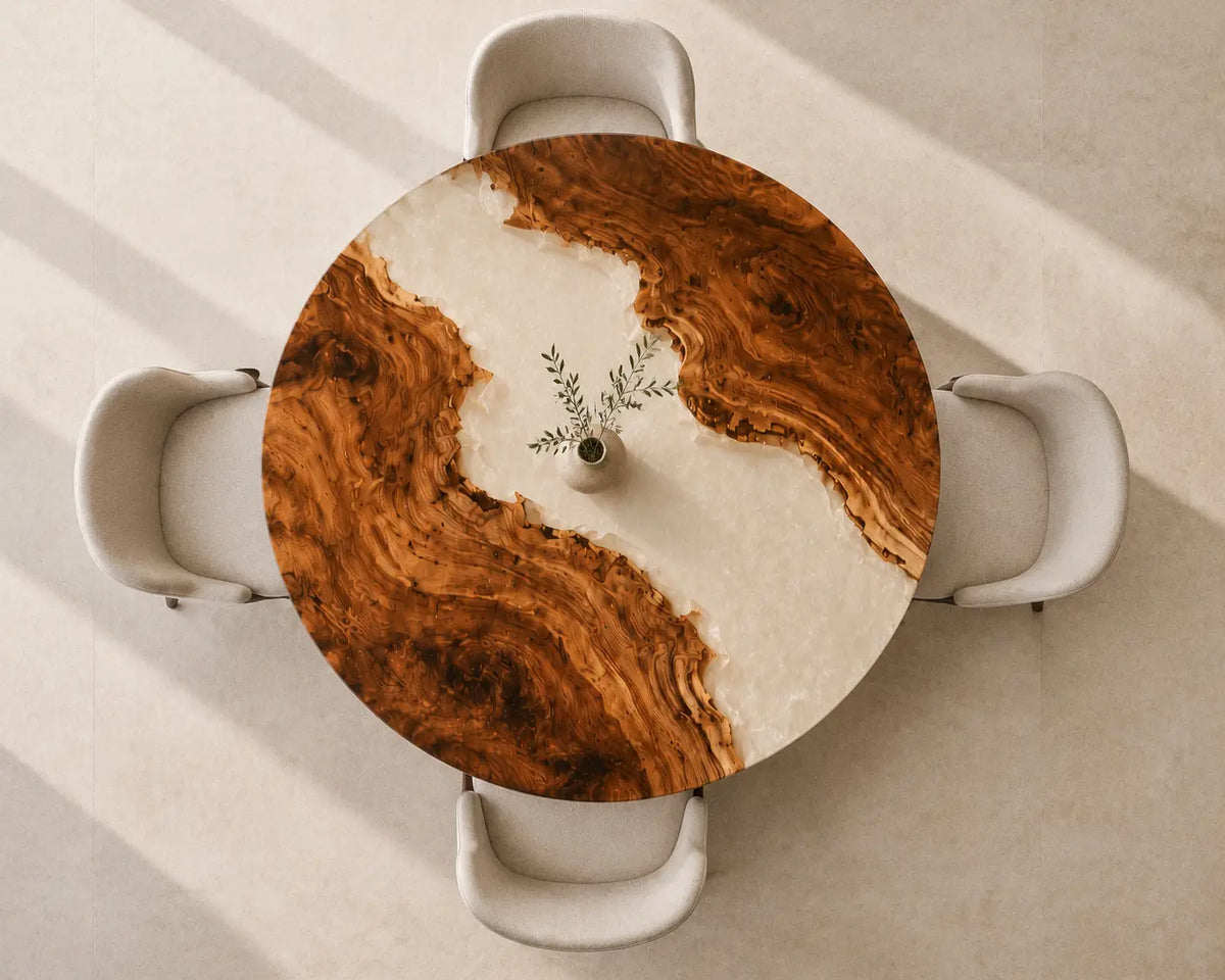 ERTC35 Ivory Shore Pearl White Epoxy Walnut Round Table featuring handcrafted walnut wood and pearl white resin-4