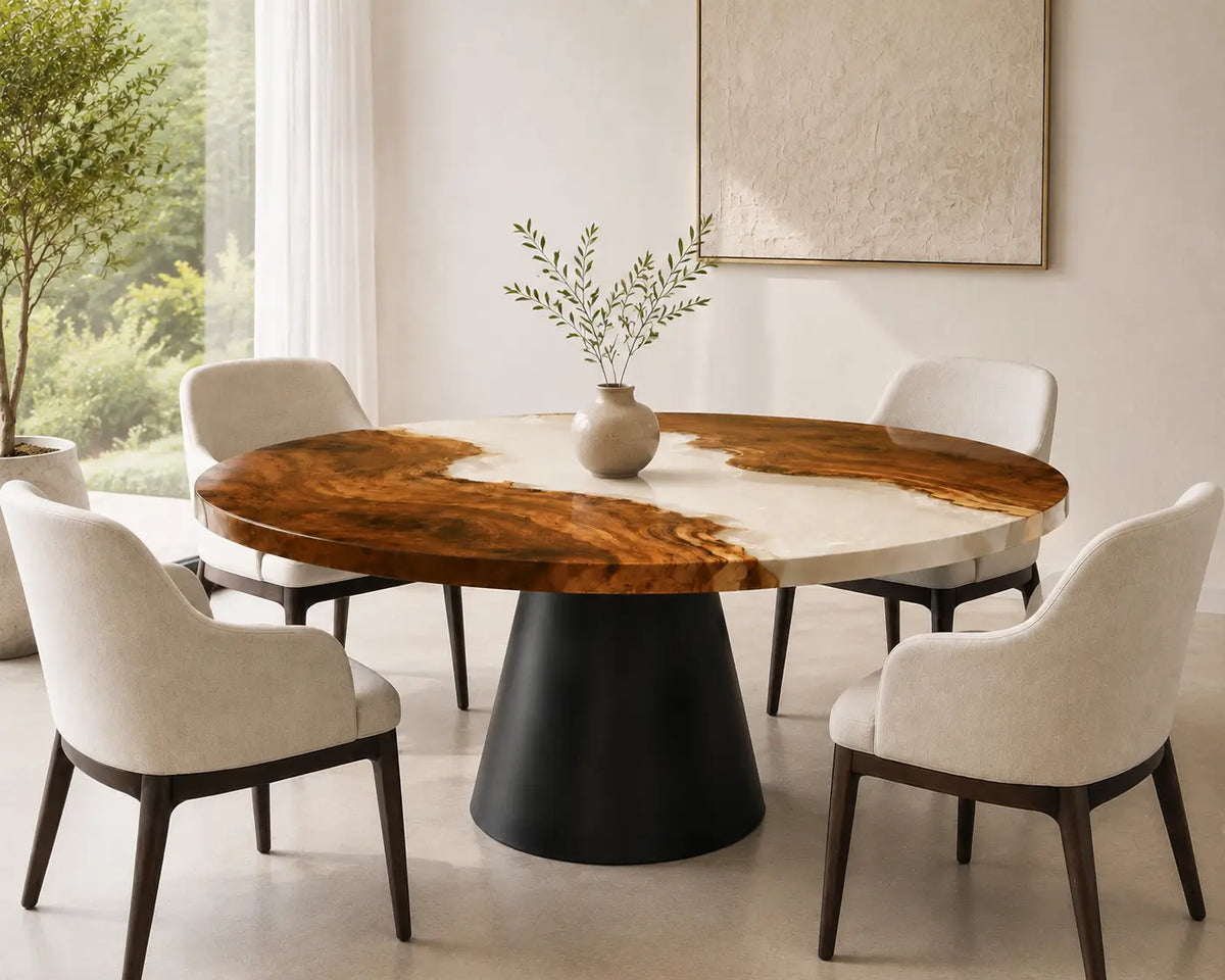 ERTC35 Ivory Shore Pearl White Epoxy Walnut Round Table featuring handcrafted walnut wood and pearl white resin-5