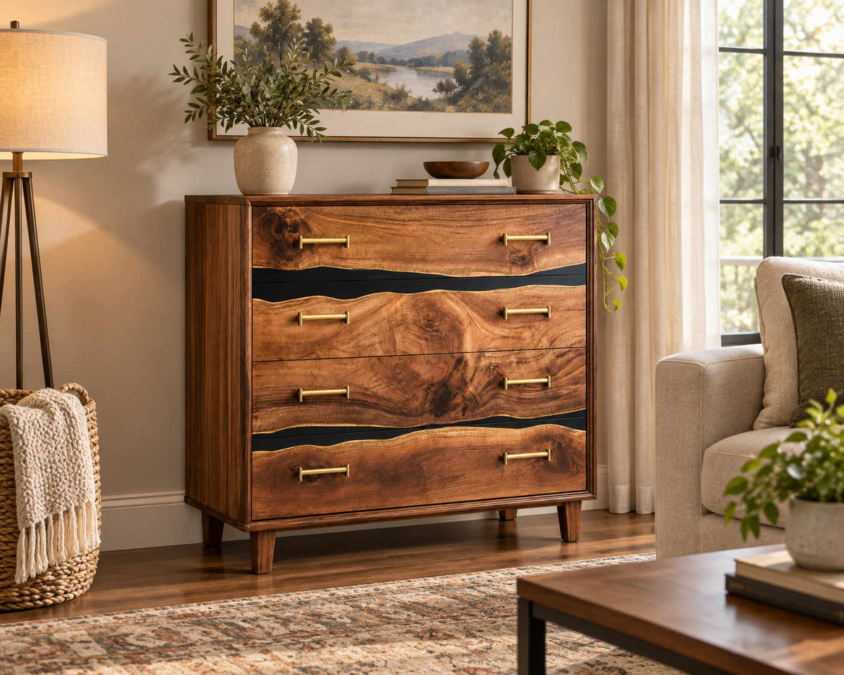 Live Edge Wood & Black Epoxy 8-Drawer Dresser ECD01